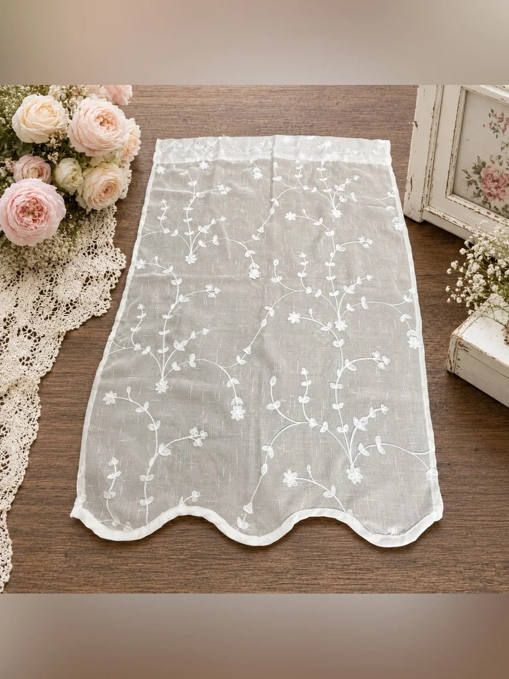 Embroidered  Ivory Floral Cafe' Curtain Panel Cottage Farmhouse Scalloped Hem